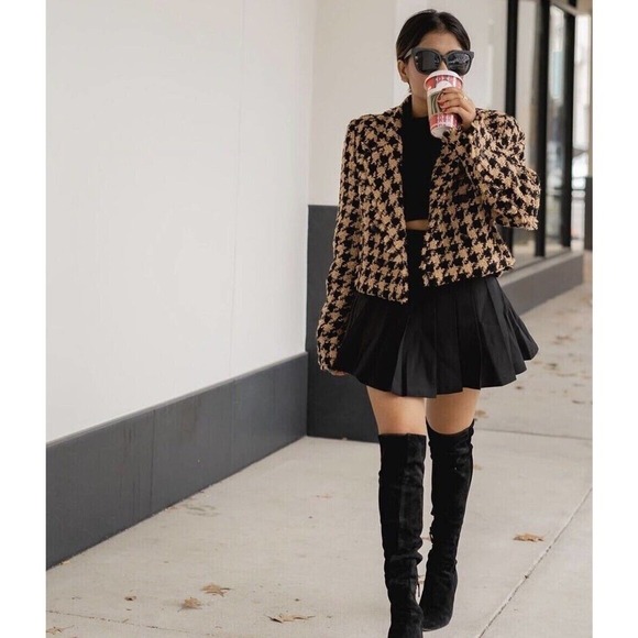 NWT ZARA Tweed Houndstooth Cropped Textured Blazer Jacket Women's Brown Size L - Picture 2 of 8